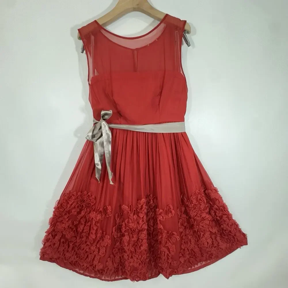 Burning Torch Anthropologie Red Silk Rosette Dress Small Fit Vintage Sleeveless - Picture 2 of 13
